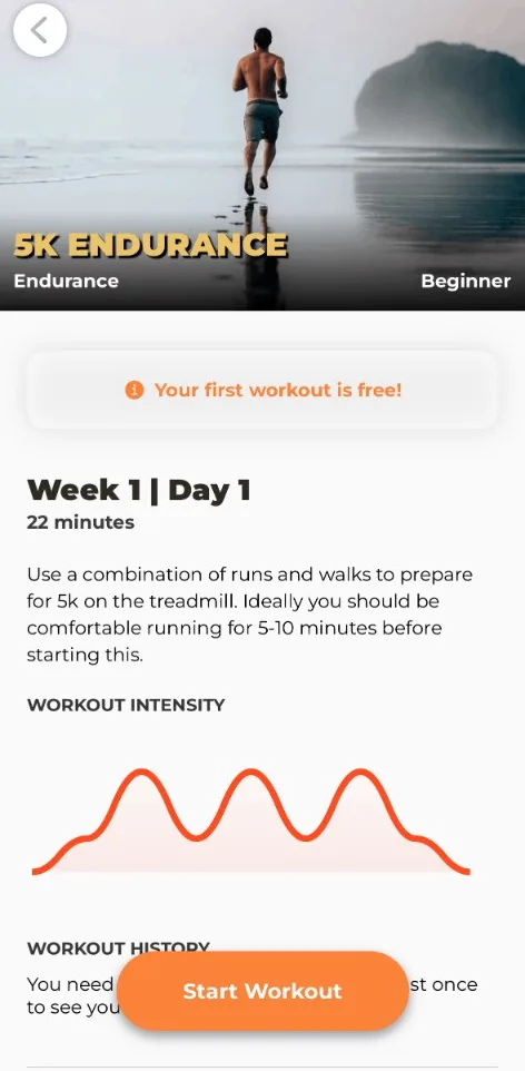 The 5K Endurance plan in the Treadmill Workouts app, showing week 1, day 1