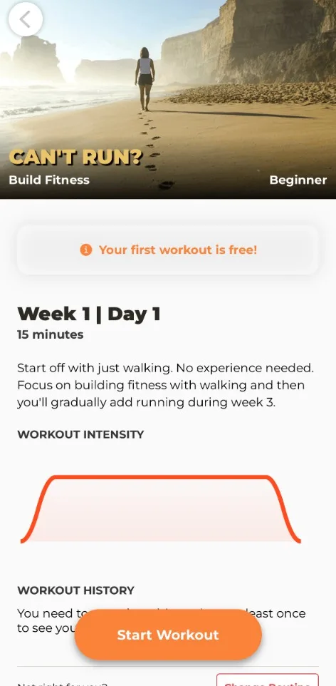 The Can't Run? plan in the Treadmill Workouts app, showing week 1, day 1