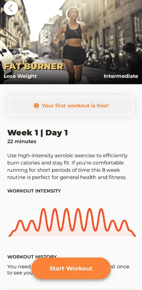 The Fat Burner plan in the Treadmill Workouts app, showing week 1, day 1