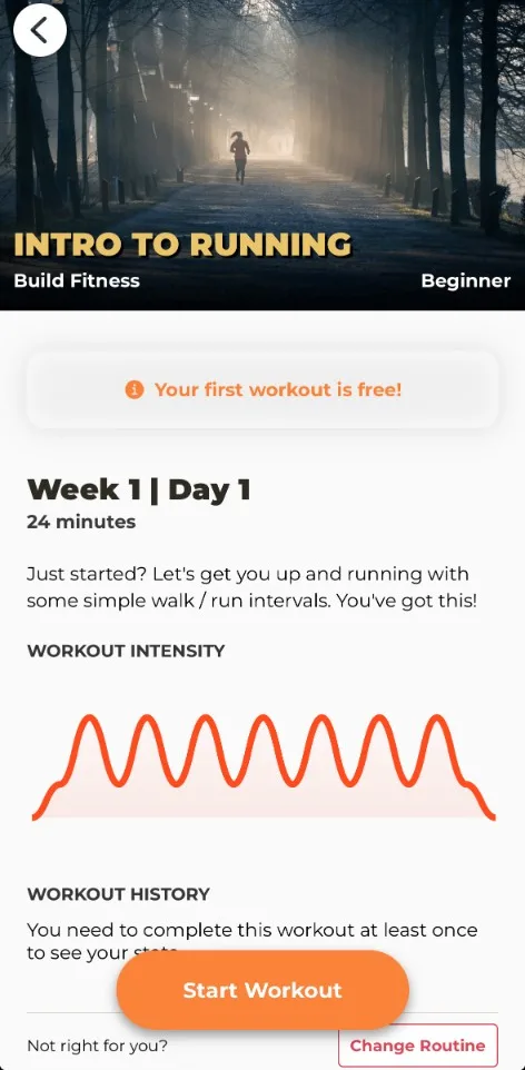 The Intro to Running plan in the Treadmill Workouts app, showing week 1, day 1