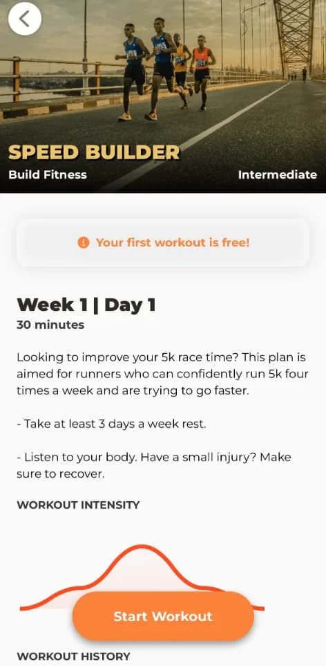The Speed Builder plan in the Treadmill Workouts app, showing week 1, day 1