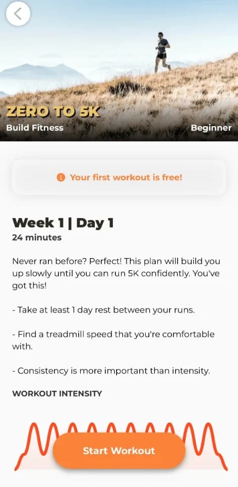 The Zero to 5K plan in the Treadmill Workouts app, showing week 1, day 1